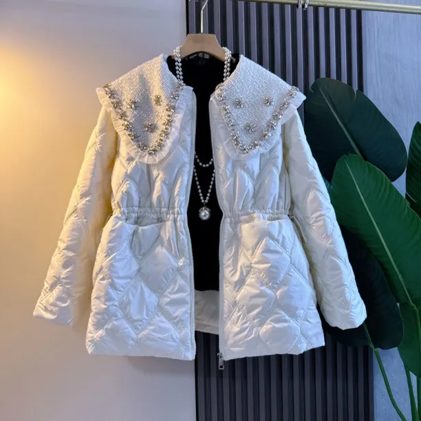 时尚娃娃领钉钻收腰外套欧货洋气轻奢休闲宽松显瘦减龄棉服上衣