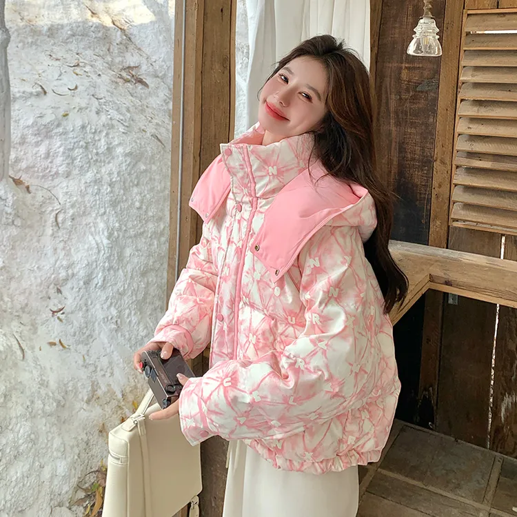 设计感粉色印花小个子短款羽绒服女2025冬新款宽松加厚白鸭绒外套