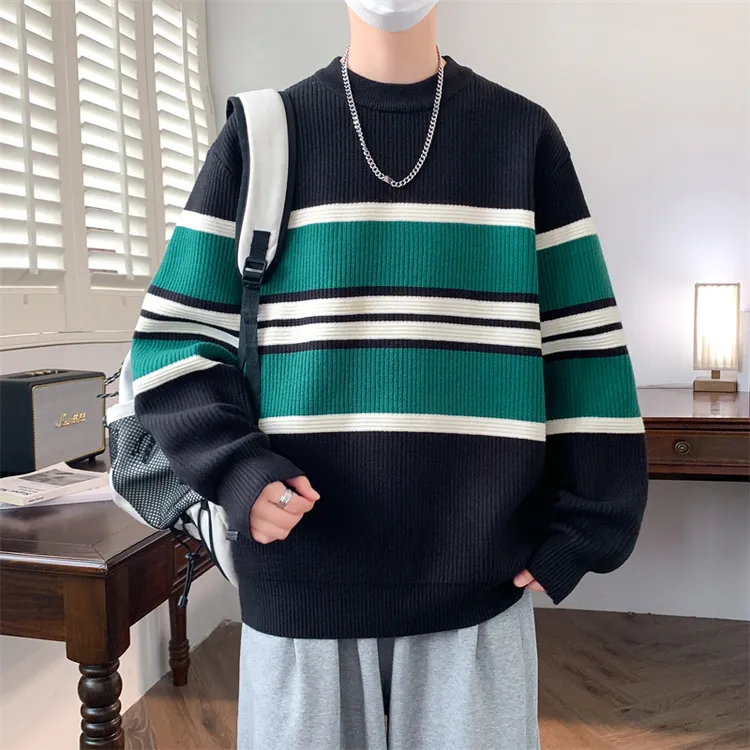 男士服饰打底衫撞色拼接时尚毛线衣秋春秋季加厚套头条纹保暖针织