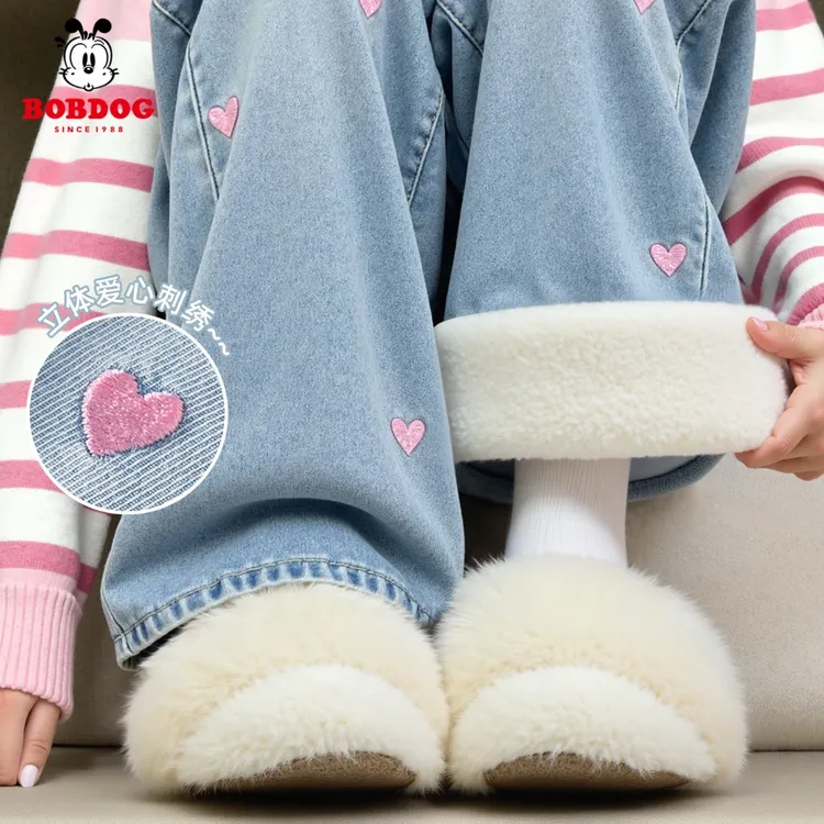 巴布豆卡乐童装女童牛仔裤秋冬季加绒大童阔腿裤爱心刺绣女孩长裤