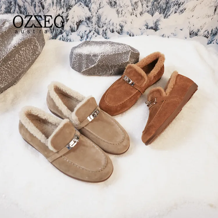 OZZEG澳泽格舒适保暖搭扣豆豆鞋毛毛鞋女外穿平底鞋25D26