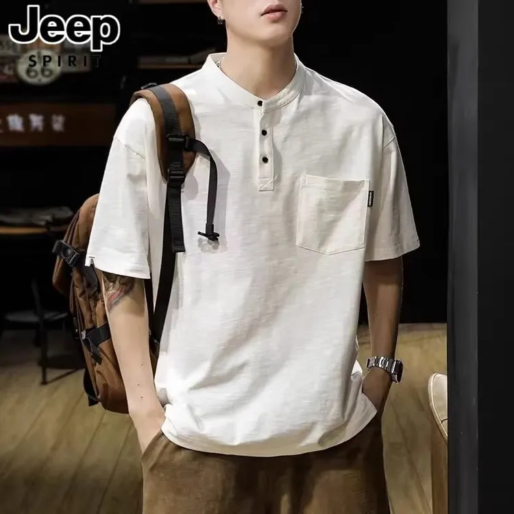 jeep吉普美式复古口袋短袖POLO衫男设计感小众宽松亨利领工装T恤