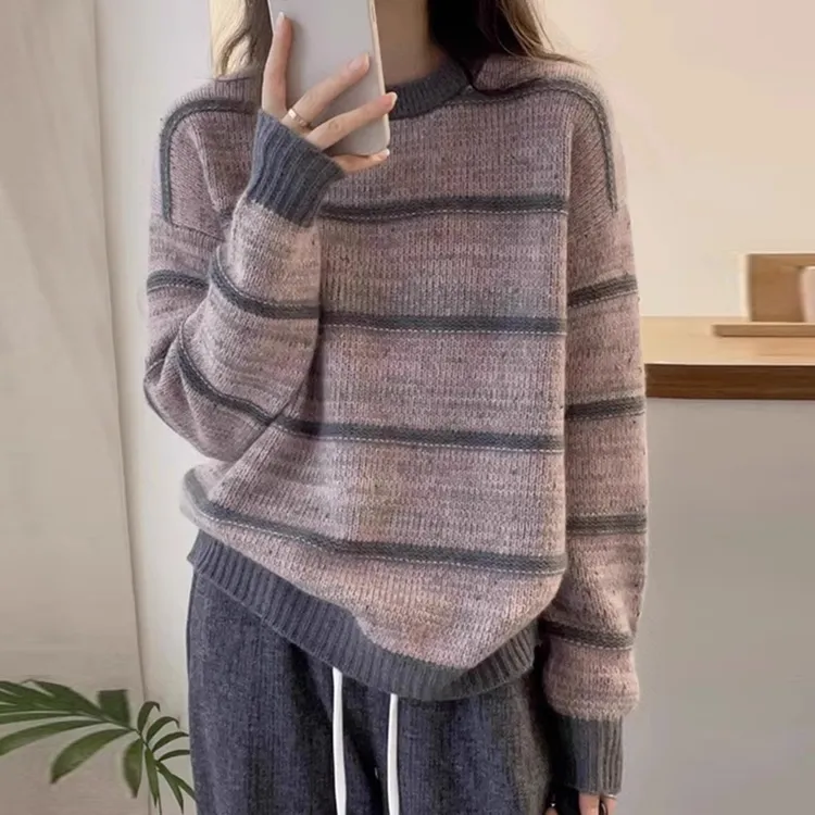 撞色条纹毛衣针织衫女欧货秋冬新款保暖打底圆领套头长袖复古上衣