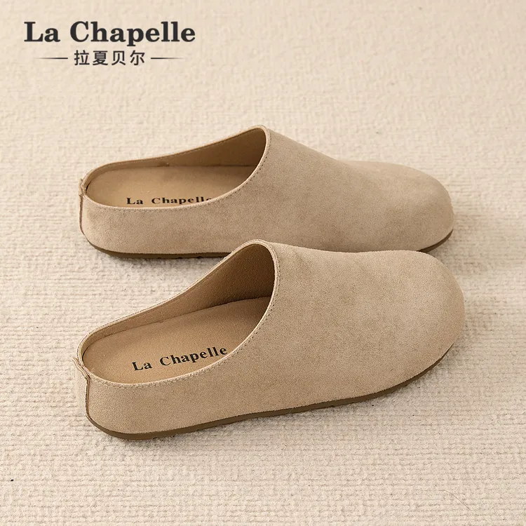 拉夏贝尔包头半拖女2025冬季新款外穿一脚蹬软底复古懒人勃肯鞋子