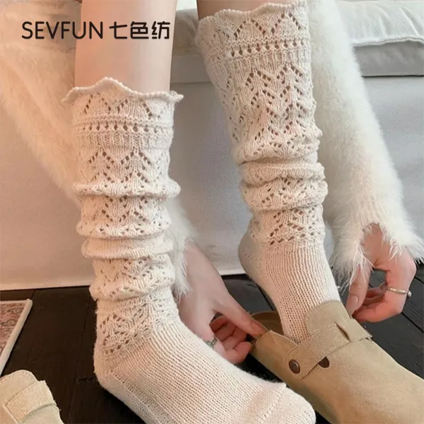 七色纺韦雪同款羊毛堆堆袜子女秋冬小腿袜显瘦百搭复古毛线长筒袜