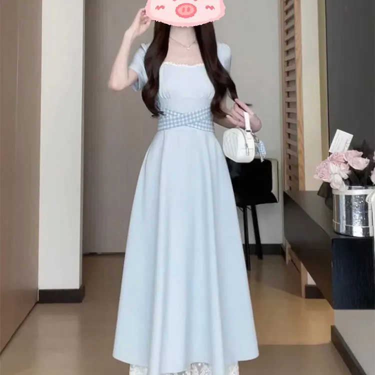 大码温柔风法式连衣裙女夏季设计感气质裙子胖mm收腰显瘦a字长裙