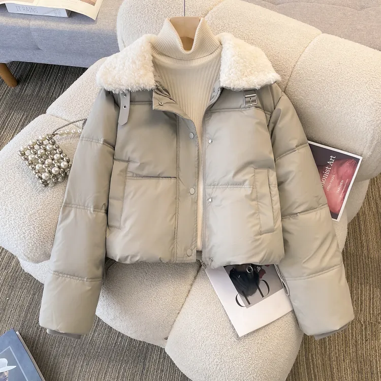 PU皮棉服女冬季爆款2025年新款爆款棉衣短外套羊羔绒毛领拼接棉袄