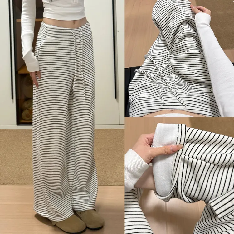 宽腰条纹糯米裤女款爆款2025新款秋冬加绒款小个子休闲垂感阔腿裤