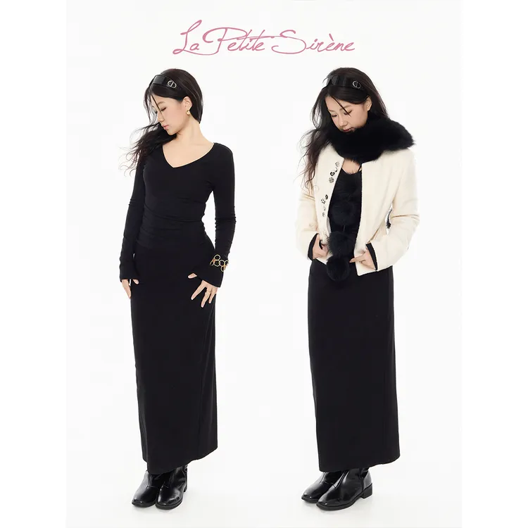 LPS郭卷毛同款新款时尚洋气气质百搭显瘦黑色V领连衣裙L39926JM54