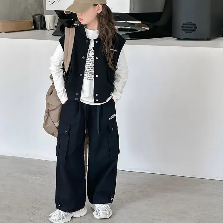 巴拉童年女童套装2024秋季新款宽松时尚马甲工装长裤女童两件