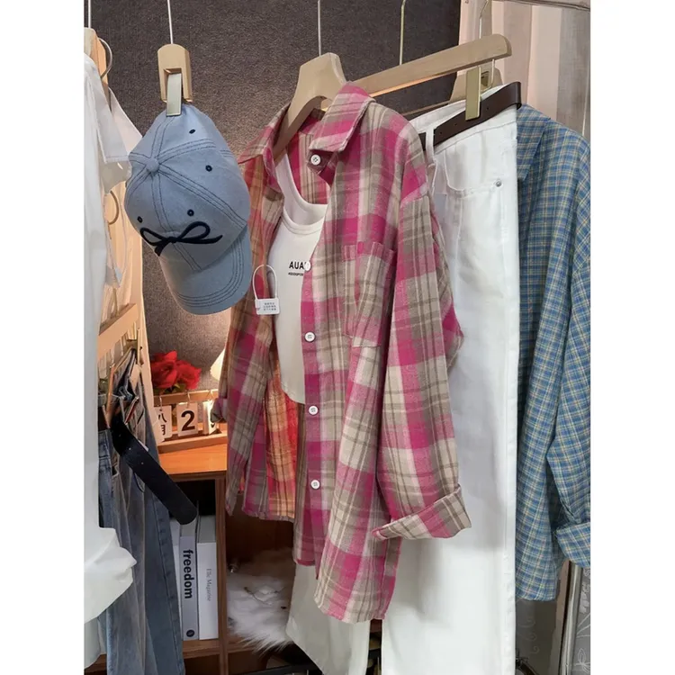 撞色复古格子衬衫外套女2025秋季新款高级感慵懒宽松长袖叠穿上衣