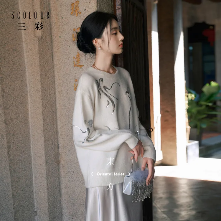 【羊驼毛+绵羊毛】三彩2025冬季新款新中式针织衫落肩袖毛衫女C