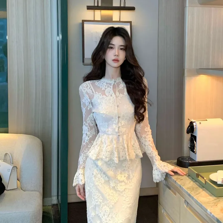 木子李的李【皎月凝霜】早秋优雅修身蕾丝套装长袖收腰直筒半身裙