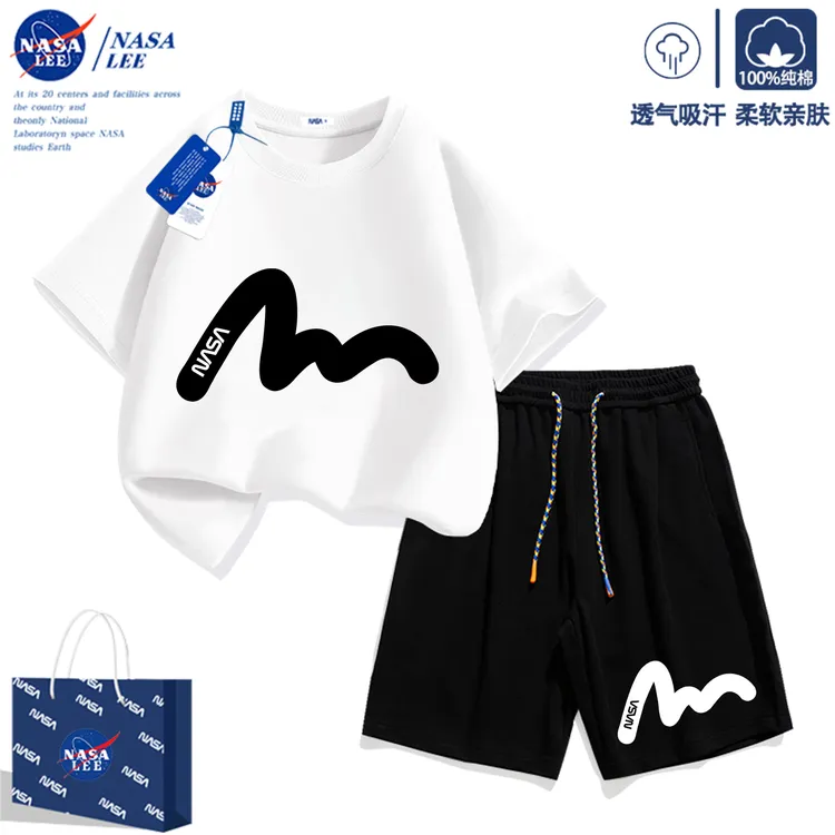 NASA联名男装男童夏季套装新款男孩纯棉短袖t恤儿童薄款上衣套装