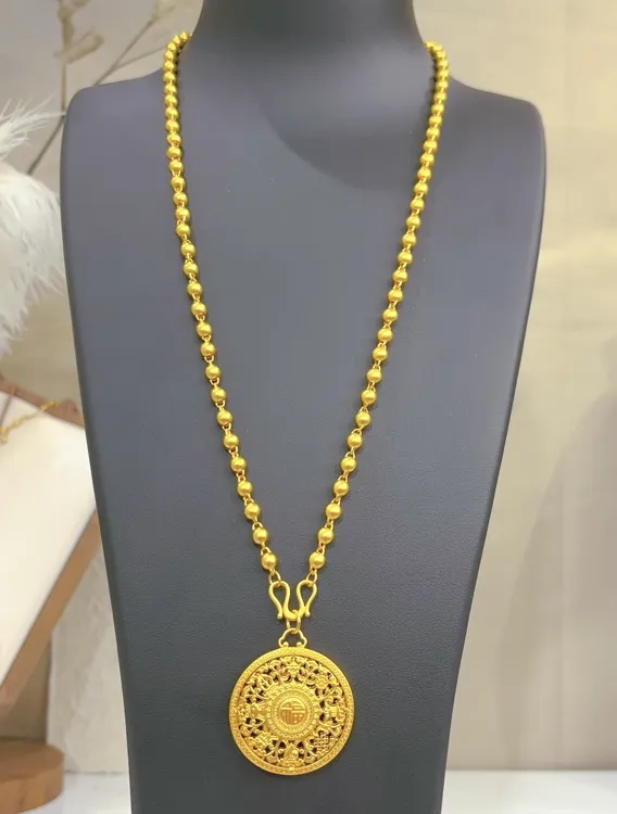 铜合金项链 金色饰品精工卡5/卡6mm哑光珠珠链配万福罗盘