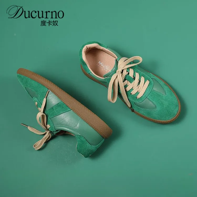 绿色复古德训鞋女夏华夫阿甘鞋女板鞋女平底反绒高端休闲运动鞋女