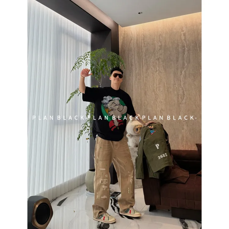RICH陈发财【古着/大力水手】水洗做旧!动漫IP复古小领口T恤8091