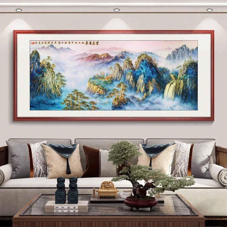 浮雕描金 紫气东来 新中式山水客厅装饰画办公室沙发背景墙挂画
