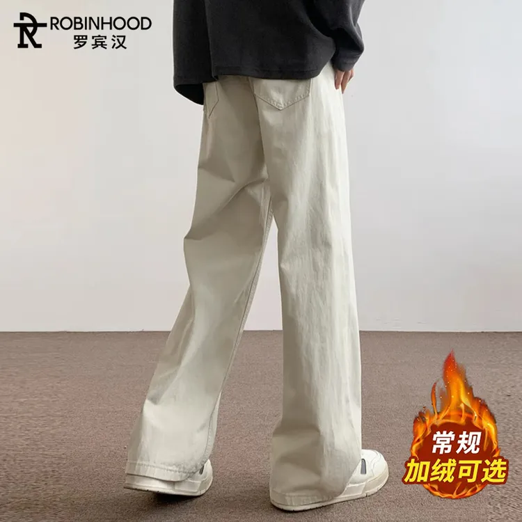 罗宾汉2025新款加绒阔腿裤子男直筒宽松潮流米白色休闲裤男士冬季