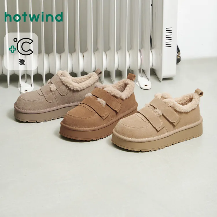 热风2025年冬季防滑女士防水休闲靴厚底加绒加厚保暖H89W25819