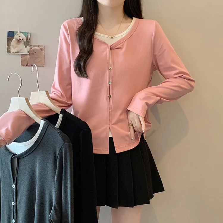 撞色假两件大码女士打底衫 秋冬季新款减龄洋气上衣宽松显瘦T恤 