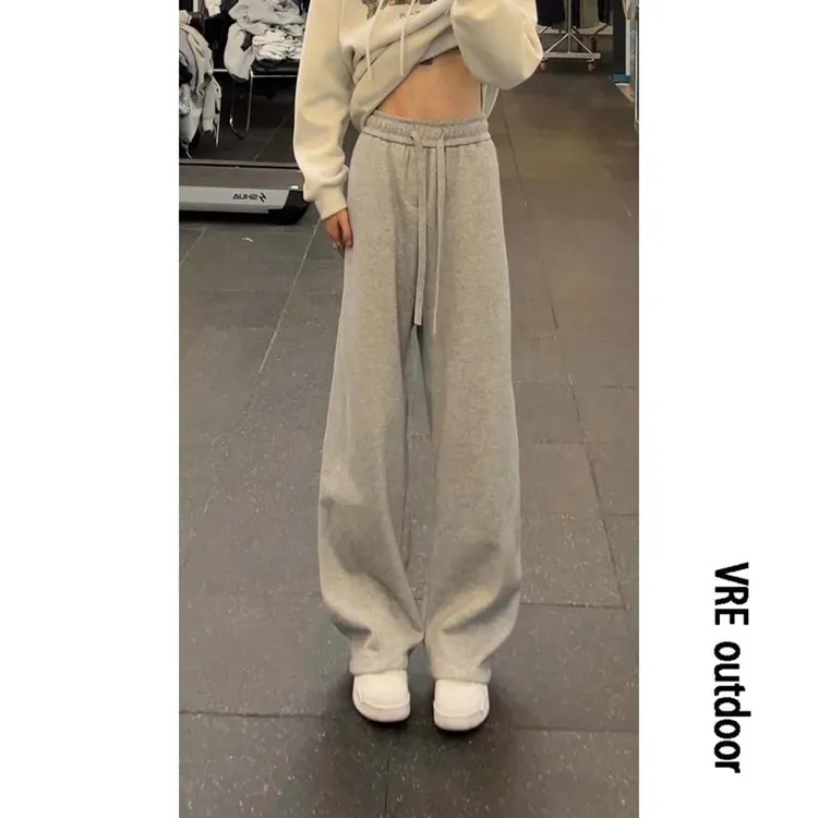 加绒裤子男高街美式灰色弯刀直筒休闲裤阔腿潮牌宽松秋冬运动卫裤