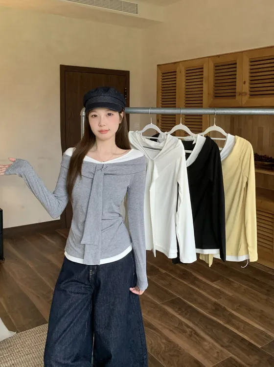 2025秋装新款胖mm大码女纯欲撞色一字肩高级感显瘦T恤35989