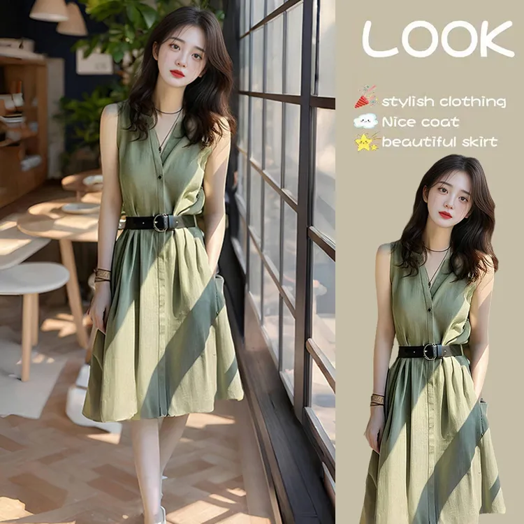 法式高端精致绿色无袖连衣裙女士夏季冷淡系独特别致v领收腰裙子