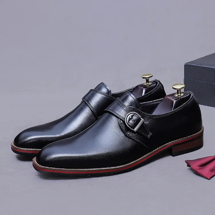 真皮孟克鞋男士正装皮鞋英伦风商务休闲皮鞋男款时尚搭扣套脚皮鞋