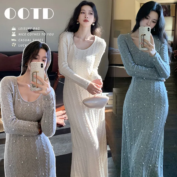 时尚孕妇秋装高级设计手工钉珠法式茶歇裙修身百搭打底连衣裙