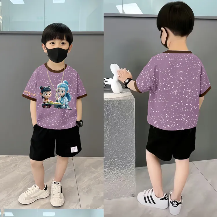 男孩套装扎染短袖哪吒夏季新款儿童中大童卡通男童短裤夏天两件套