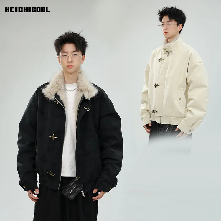 HEICHICOOL美式哈灵顿珠光皮衣棉服男冬季飞机扣加厚保暖座山雕