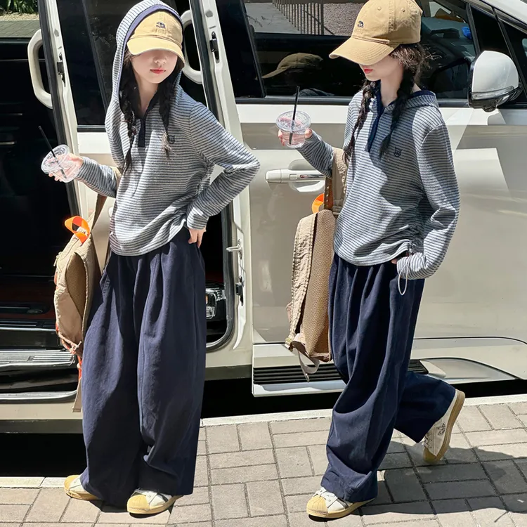 [专柜品质]女童连帽卫衣套装春秋装秋衣儿童韩系衣服女孩条纹上衣