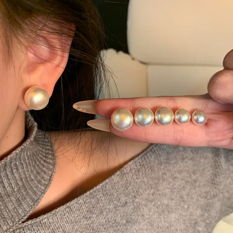 合金耳饰 小众设计港风高级百搭轻奢馒头扁圆珠珠耳钉ins气质耳环