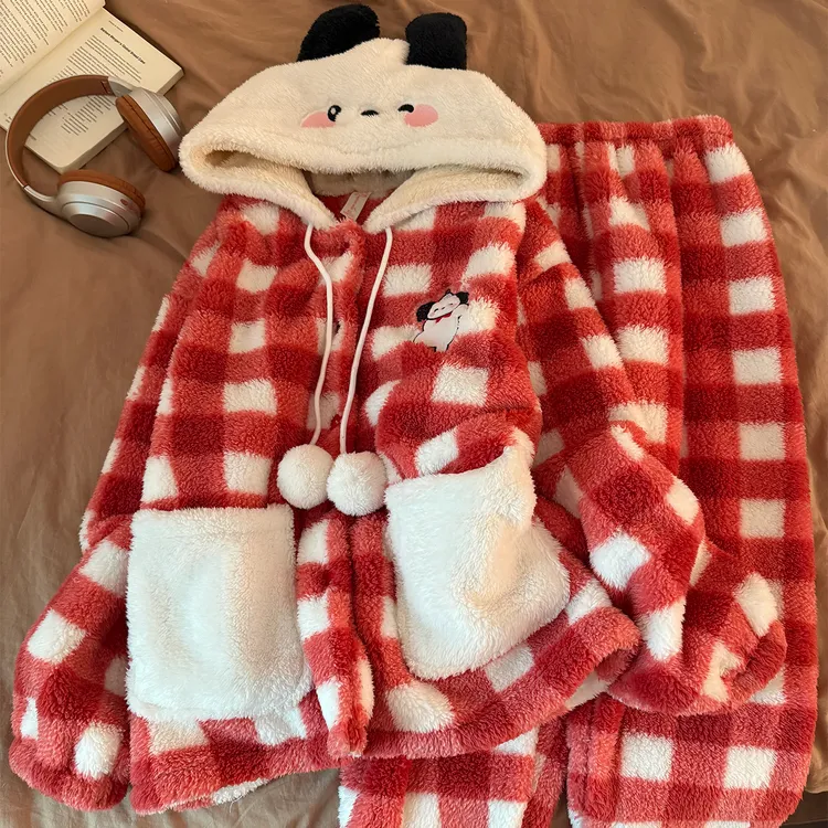 珊瑚绒睡衣女秋冬季大码加厚连帽2025新款天鹅绒红格狗套装家居服
