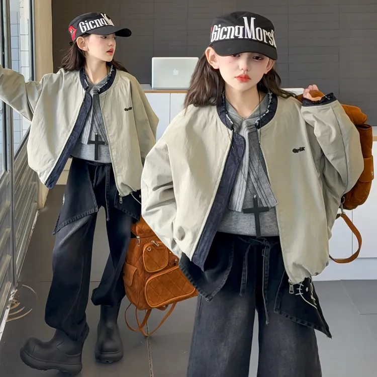 女童秋季棒球服外套2025新款拼接牛仔时尚6-12岁儿童酷飒韩系元气