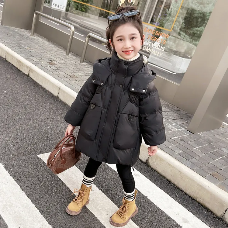 女童羽绒服冬季2025新款洋气女宝宝中长款连帽抽绳棉服外套拜年服