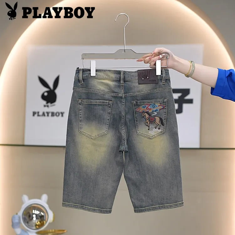PLAYBOY/花花公子夏季薄款男士UV数码仿刺绣修身牛仔五分短裤