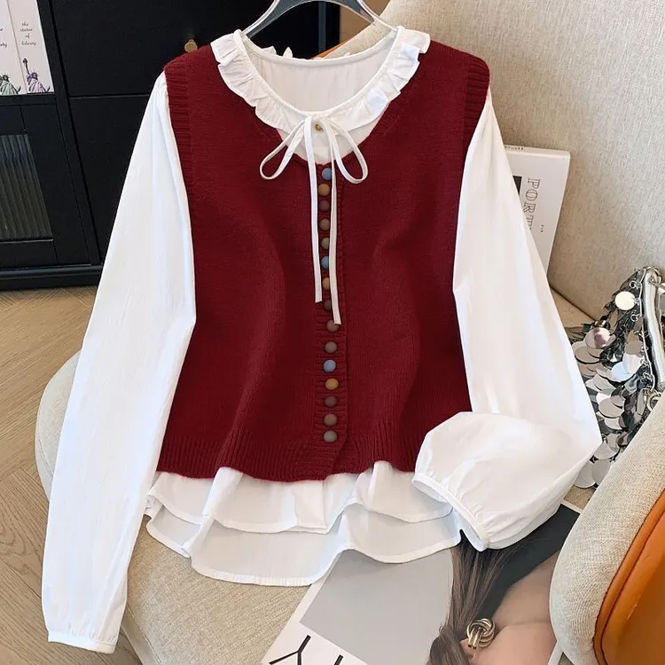 韩系复古彩扣圆领针织马甲女春秋季叠穿减龄绑带长袖衬衫上衣