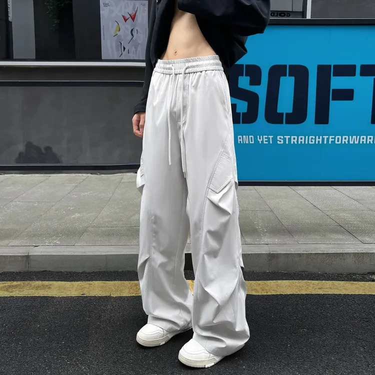 褶皱感潮流直筒休闲裤男女夏季工装冲锋裤捏褶运动潮牌阔腿裤
