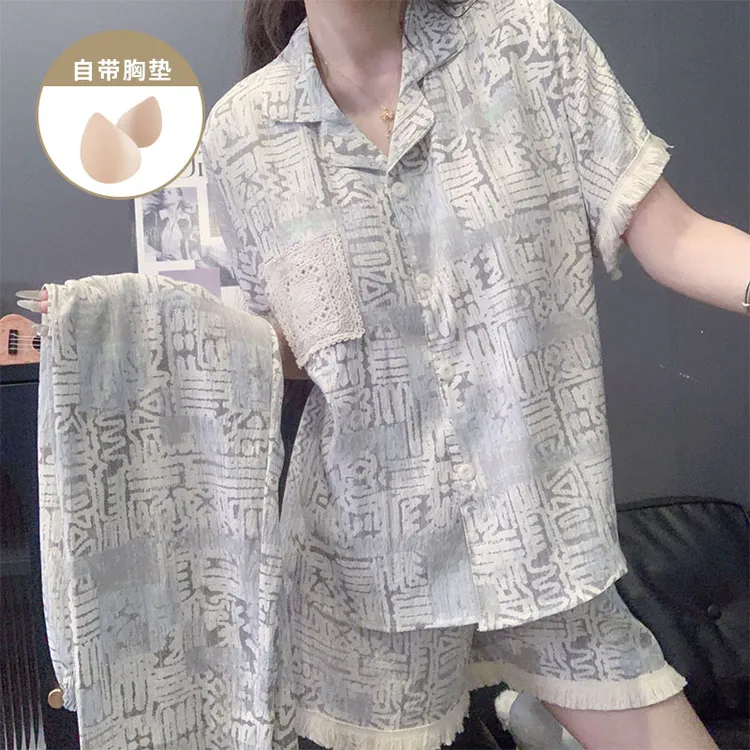 夏季爆款复古风条纹自带胸垫睡衣女款三件套装短袖短裤长裤家居服