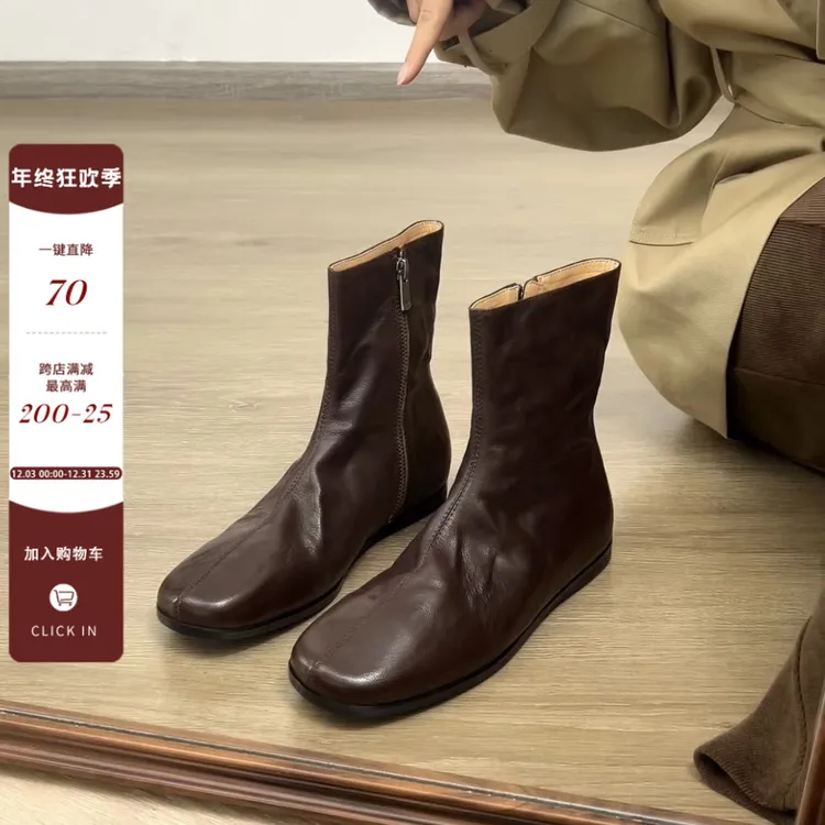 Dannyfrey新款复古风粗跟时装靴女侧拉链显瘦软面软底短靴2CM