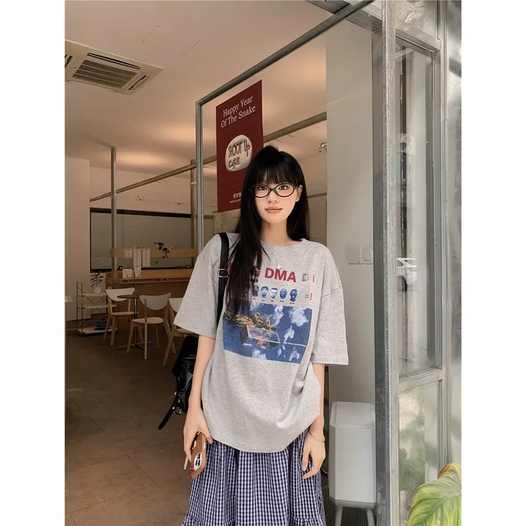 夏季新款女装INS风休闲风时尚宽松韩版百搭纯棉短袖T恤重磅圆领