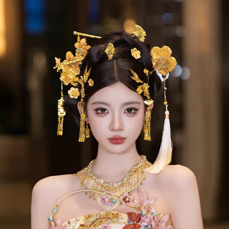 合金婚庆饰品 中式新娘汉服古风新款流苏金色发簪秀禾头饰MT0189