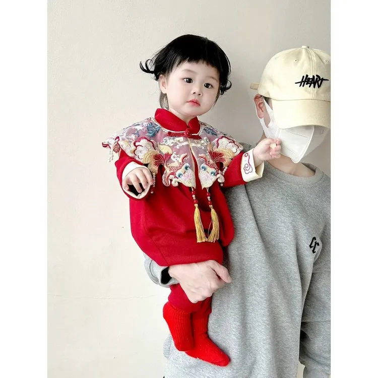 抓周礼服女宝宝一周岁宴唐装中式衣服红色婴幼儿连体衣小月龄秋装