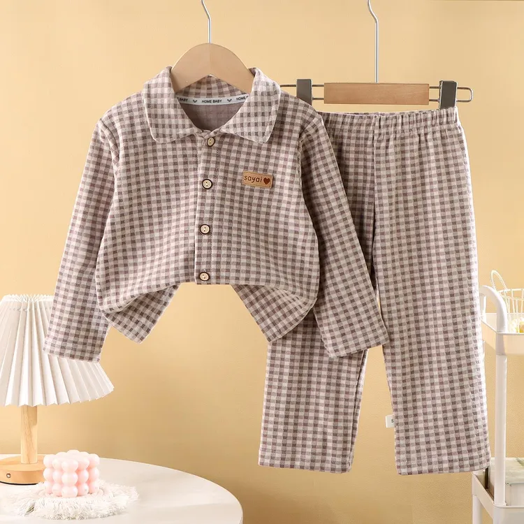 儿童睡衣套装格子春秋新款男女童家居服长袖翻领中小童保暖两件套