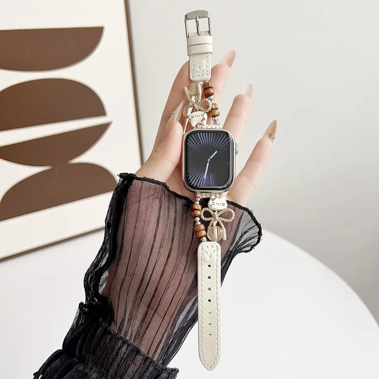 适用苹果手表iwatch猫咪蝴蝶结真皮表带小米910pro华为vivogt表带