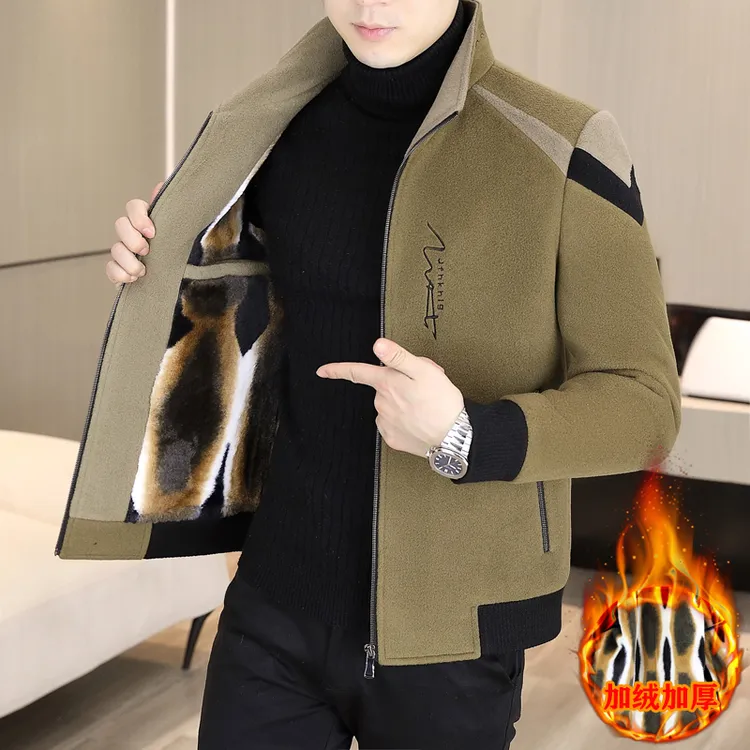 男士秋冬款立领拼色毛呢夹克外套加绒加厚休闲百搭保暖呢子外套男