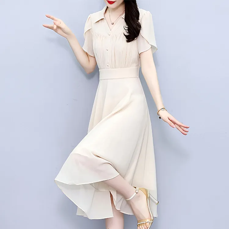 高级感纯色雪纺连衣裙女夏季新款中年妈妈气质大摆裙短袖中长裙子