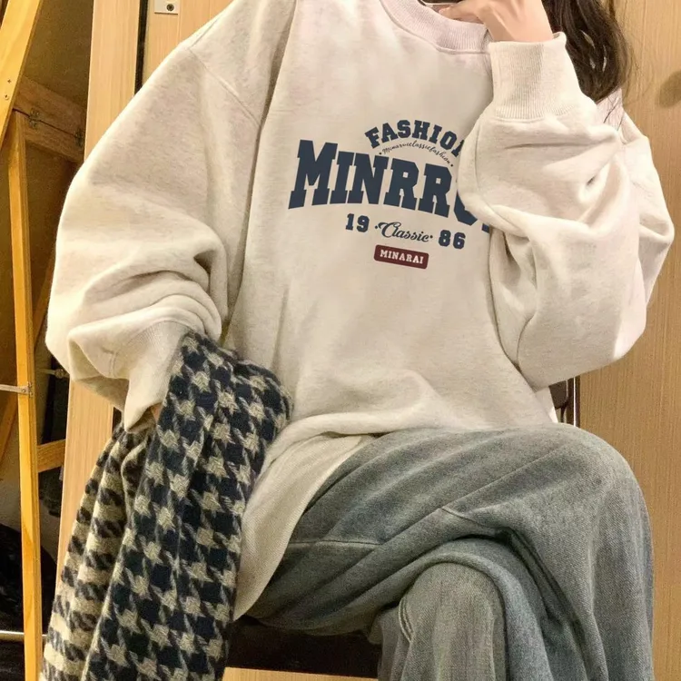 2025新款大牌外贸休闲复古宽松圆领卫衣女秋冬加绒加厚百搭潮